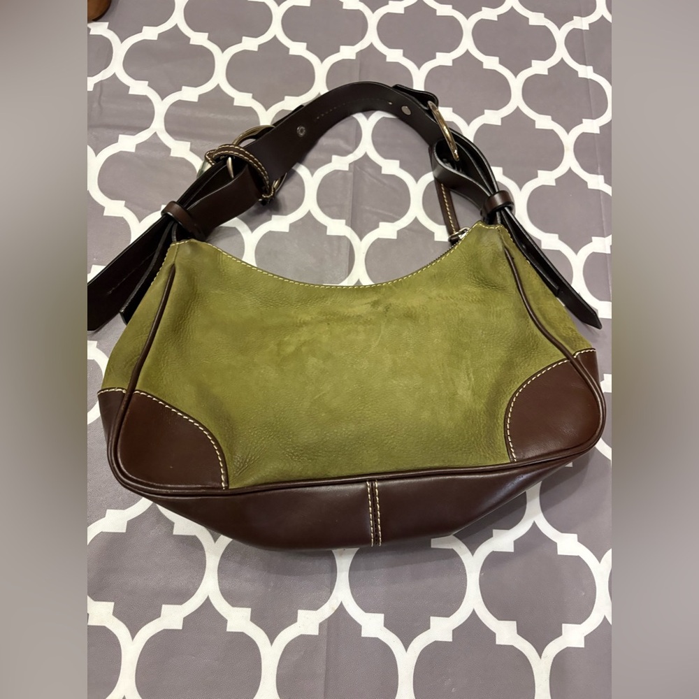 Dooney & Bourke 19745 Series Olive Green Suede and Brown Leather Hobo Purse - Picture 4 of 16